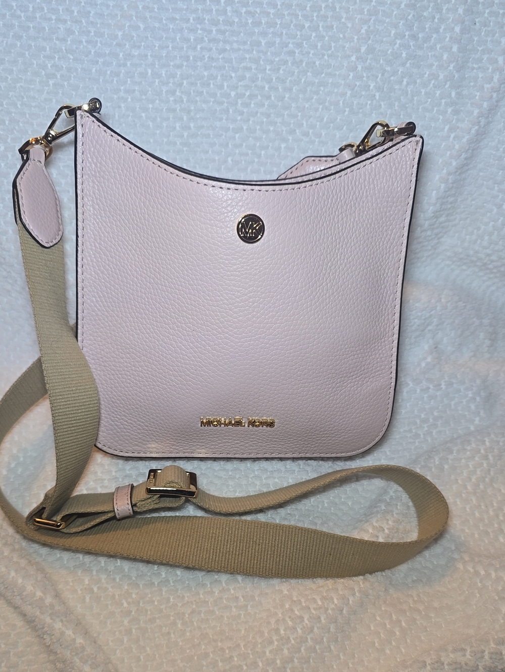 Michael Kors Pale Pink Pebbled Leather Crossbody with Beige Strap